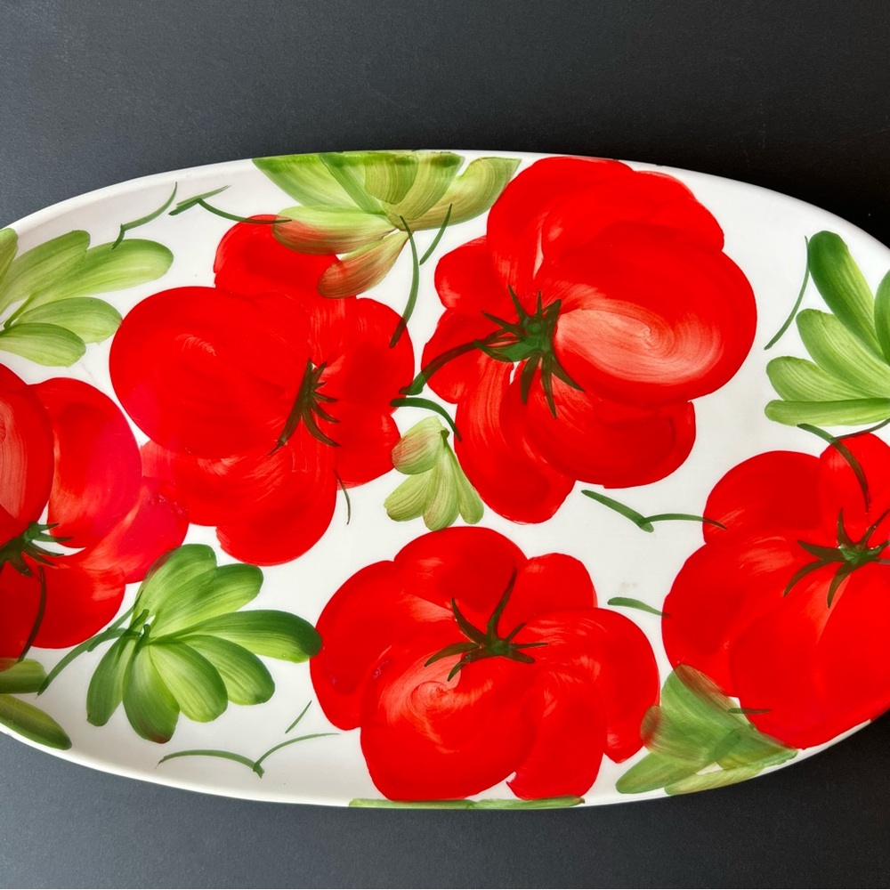 SOLD Vibrant Hand-Painted Ceramic Oval Platter 13", Red Tomatoes, Made in Italy - Picture 8 of 15